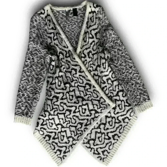 Wool blend knit open front cardigan geometric artsy pattern sweater waterfall m - Picture 1 of 8